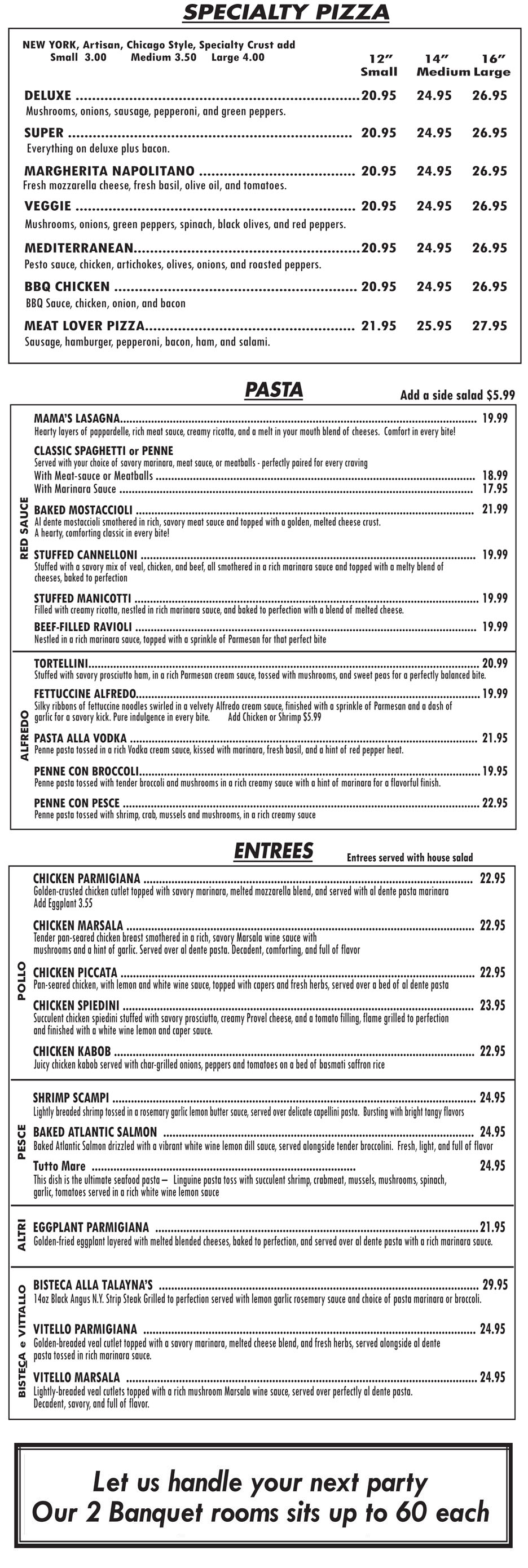 Talayna's Italian Restaurant Carryout Menu 2